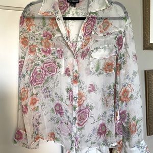 🌸 100%SILK Floral Sheer Button Down Blouse